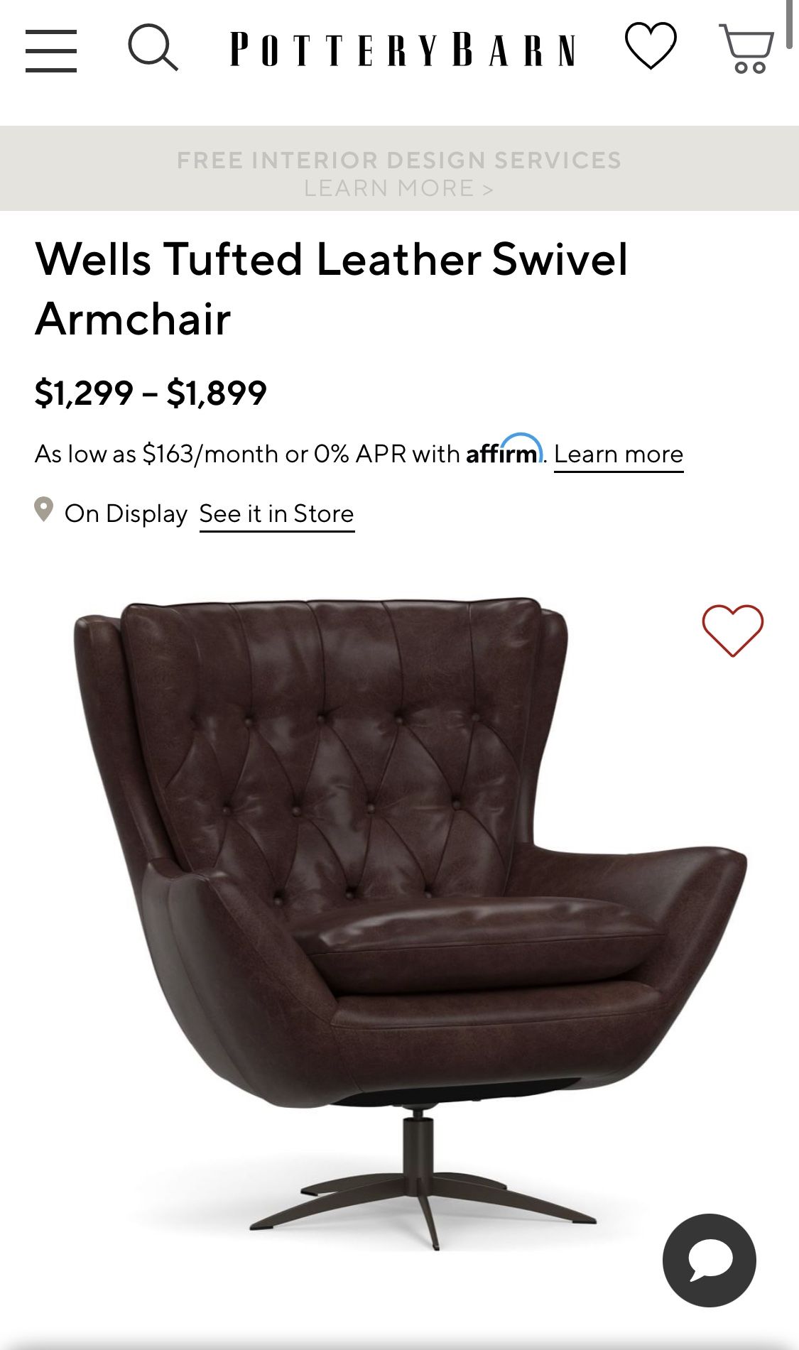 NEW Wells Tufted Leather Swivel Armchair Pottery barn