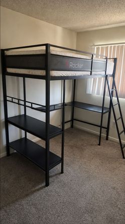 Twin bed frame with desk and shelf underneath