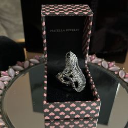 Beautiful! Unique Diamond Crystal Stone Lizard Iguana Adj Stretch Ring With Black Onyx Stone Eyes 