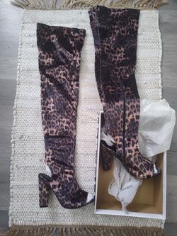 Leopard Print Velvet Thigh High Boots
