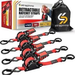 Strapinno Retractable Ratchet Straps (4-Pack), 1 in x 10 ft, 1,500LBS Break Strength, Most Durable Straps and Core, Auto Self Retracting Tie Downs for