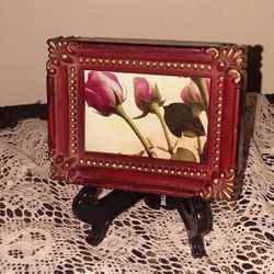 VINTAGE ORNATE VICTORIAN ORNATE GOLD BURGUNDY FRAMED FLORAL FLOWER ROSE PICTURE ART DECOR