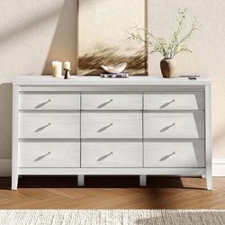 9 Drawers Dresser for Bedroom, 59" Wide Wood Chest of Drawers with Charging Station & Beveled Design, Mid Century Triple Long Dresser Storage Organize