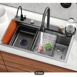 Brand New 30” Stainless Steel Waterfall Kitchen Sink w/ Faucet (304 Steel, Drop-In)