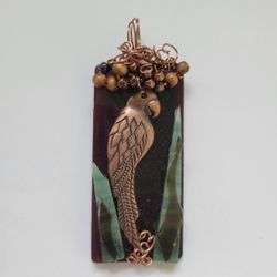 Handmade Pendant Parrot Tropical Bird Cooper Art Glass Jewelry 