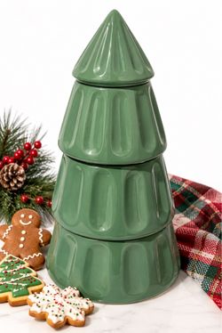 DesignPac Christmas Tree Cookie Jar Sage Green Ceramic Stacking 13” Holiday