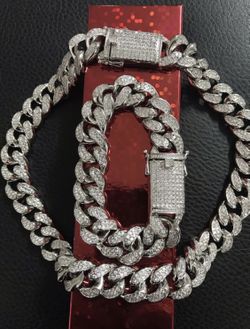 New 18 k white gold Cuban chain and bracelet