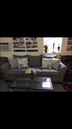 Grey Studded on Arms Sofa and Loveseat