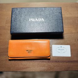 PRADA Saffiano leather long wallet Papaya
