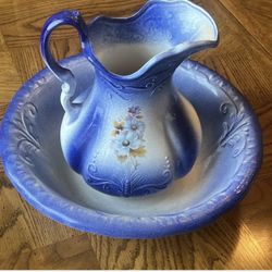 Vintage Blue And White Floral Pitcher and Wash Basin Set