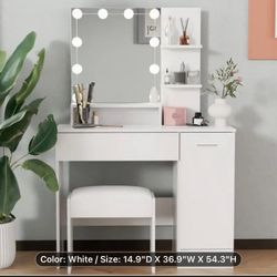 ClickClack Vanity Desk, Makeup Vanity With DIY Lights And Mirror, Makeup Desk With USB/Type-C/AC Charging, Dressing Table Set With Stool And Drawers, 