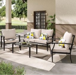 JOYURE 4 Pieces Patio Furniture Set w/loveseat,Coffe Table,Outdoor Conversation Metal Sofa with High Back and Thick Cushion,for Backyard,Garden,Beige
