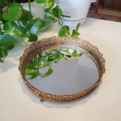 Vintage Ornate Gold Footed Mirror Vanity Tray 