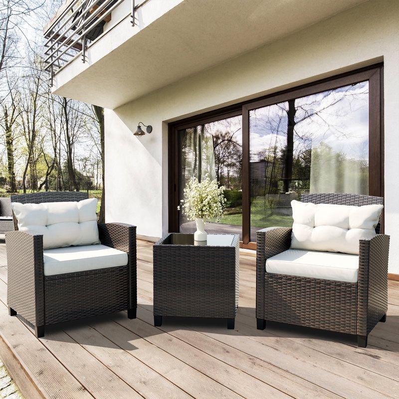 New Heavy Duty 3-Piece Patio Furniture Set, Outdoor PE Rattan Conversation Chair Set with Tempered Glass Side Table and Removable Cushions, Wicker Cha