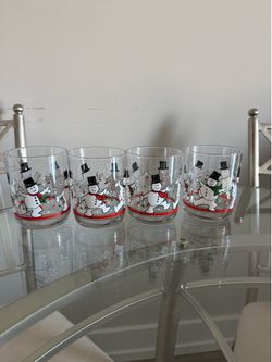 Vtg Libbey 4" Tumblers DANCING SNOWMAN Christmas Lights Set of 4 Glasses Lowball