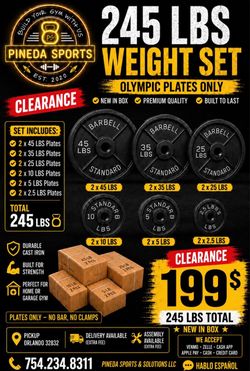 245 LBS IRON OLYMPIC WEIGHT PLATE SET New In Box  199$