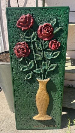 Vintage Textured Floral Vase Plaque, Wall Art Signed Helga Schweininger