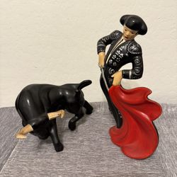 Vintage 1962 Mid Century Modern Spanish Bull Fighter Ceramic Matador Statue and Black Bull Figurine Statue