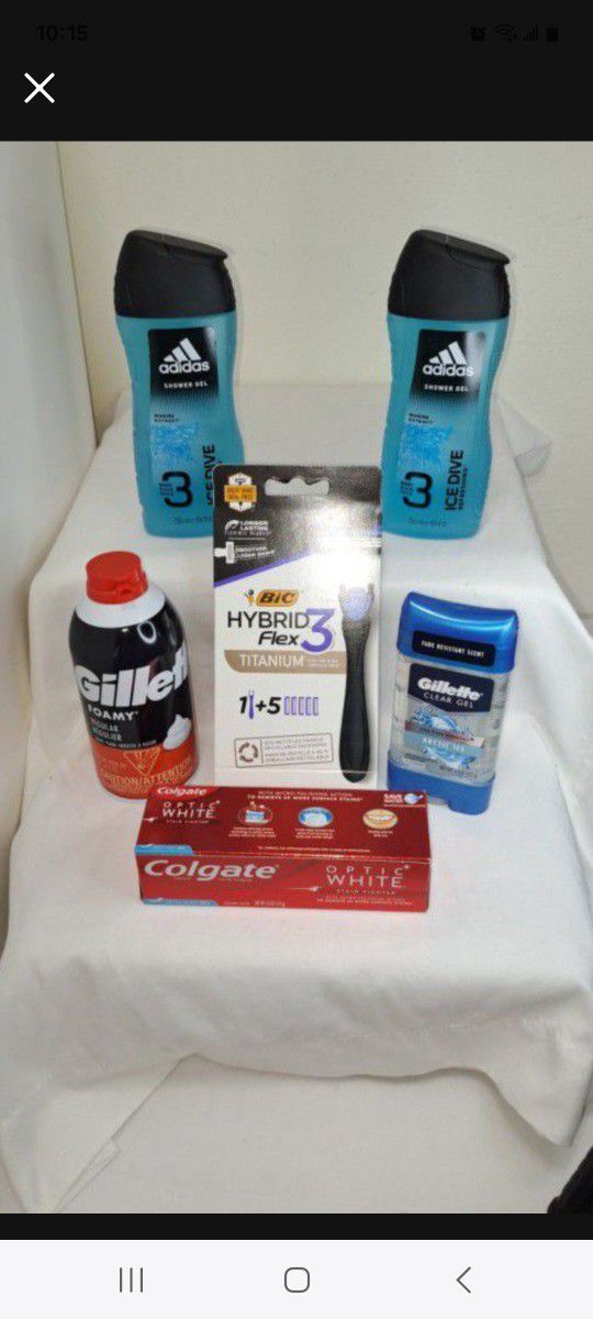 Adidas Body Hair Face Wash, Bic Razors, Gillette Deodorant,  Shave Gel + Optic White  Toothpaste 