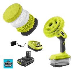 Ryobi ONE+ 18V Cordless Compact Power Scrubber Kit with 2.0 Ah Battery, Charger, and 6 in. 4-Piece Microfiber Cleaning Kit