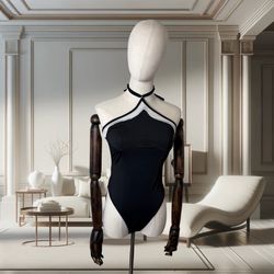 Chic Black & White Halter Bodysuit | Strappy Backless Festival/Clubwear OnePiece