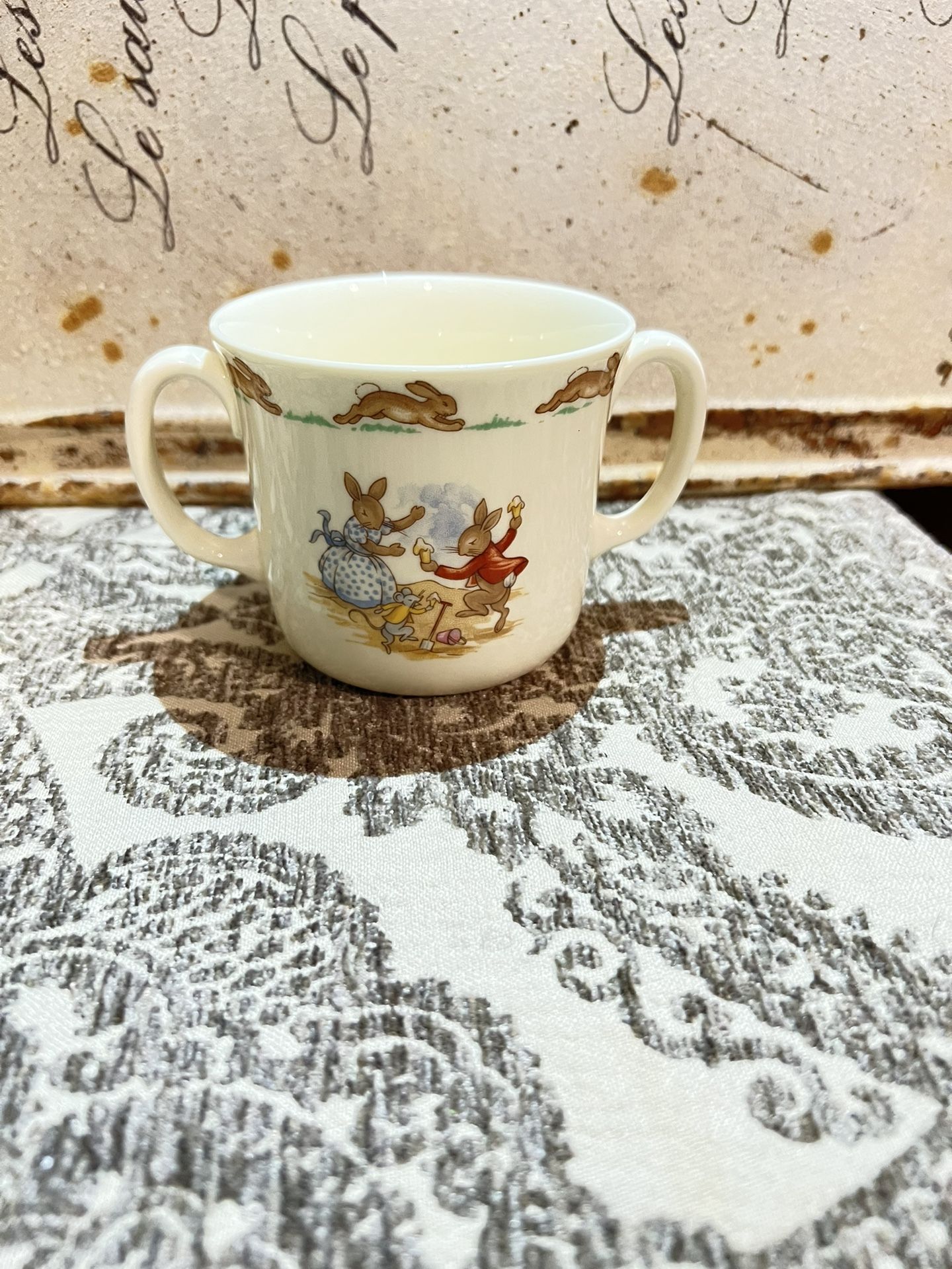 Vintage 1936 Royal Doulton Bunnykins 2 Handle Mug “Knitting”