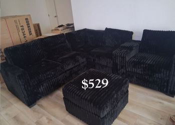 Elegant! 4-Pc FurLike Jumbo Corduroy Sectional Sofa With Ottoman And Cup Holder