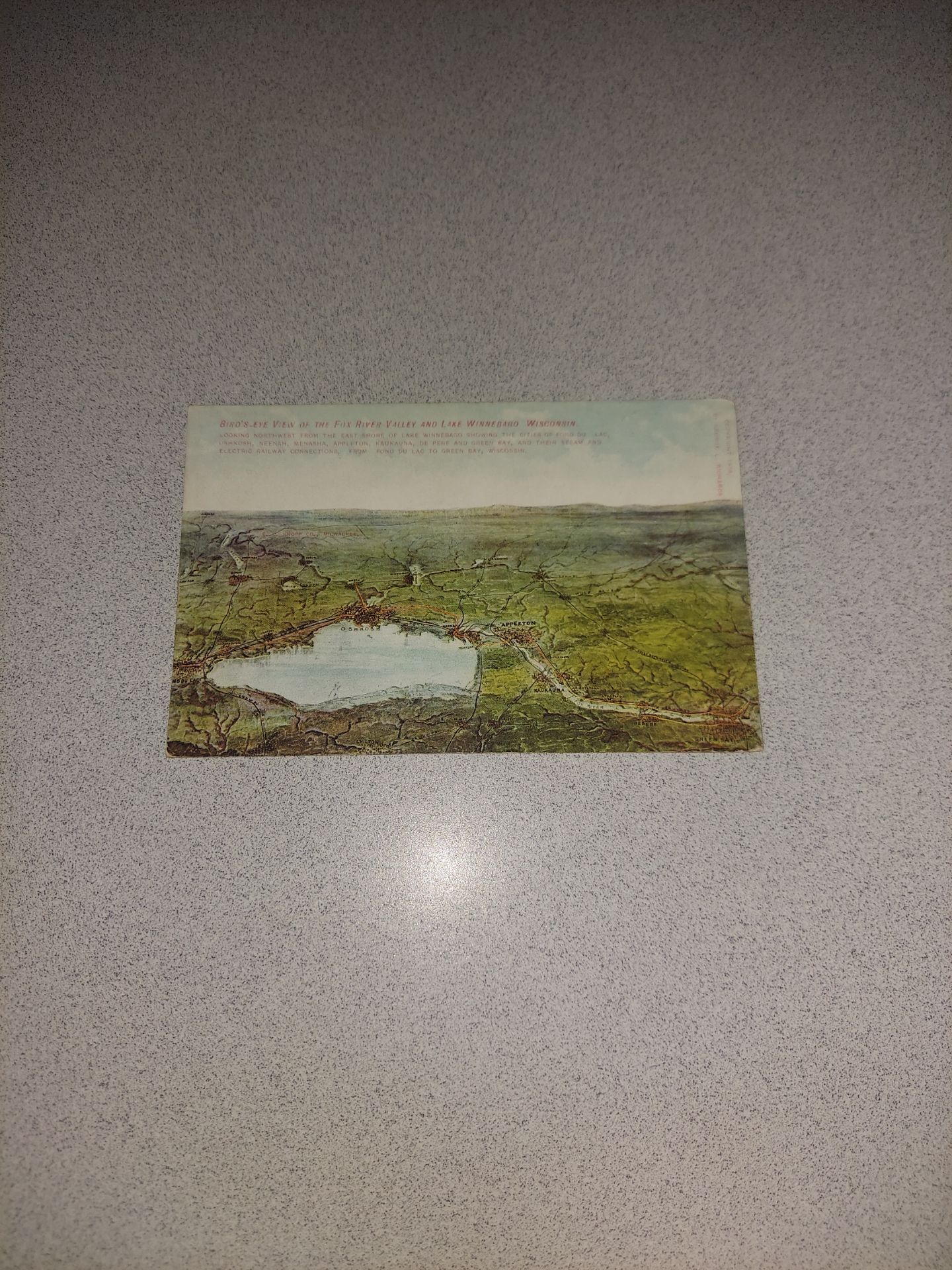 EXTREMELY RARE VINTAGE 1908 BIRD'S_EYE VIEW OF THE FOX RIVER VALLEY AND LAKE WINNEBAGO WISCONSIN UNUSED POSTCARD
