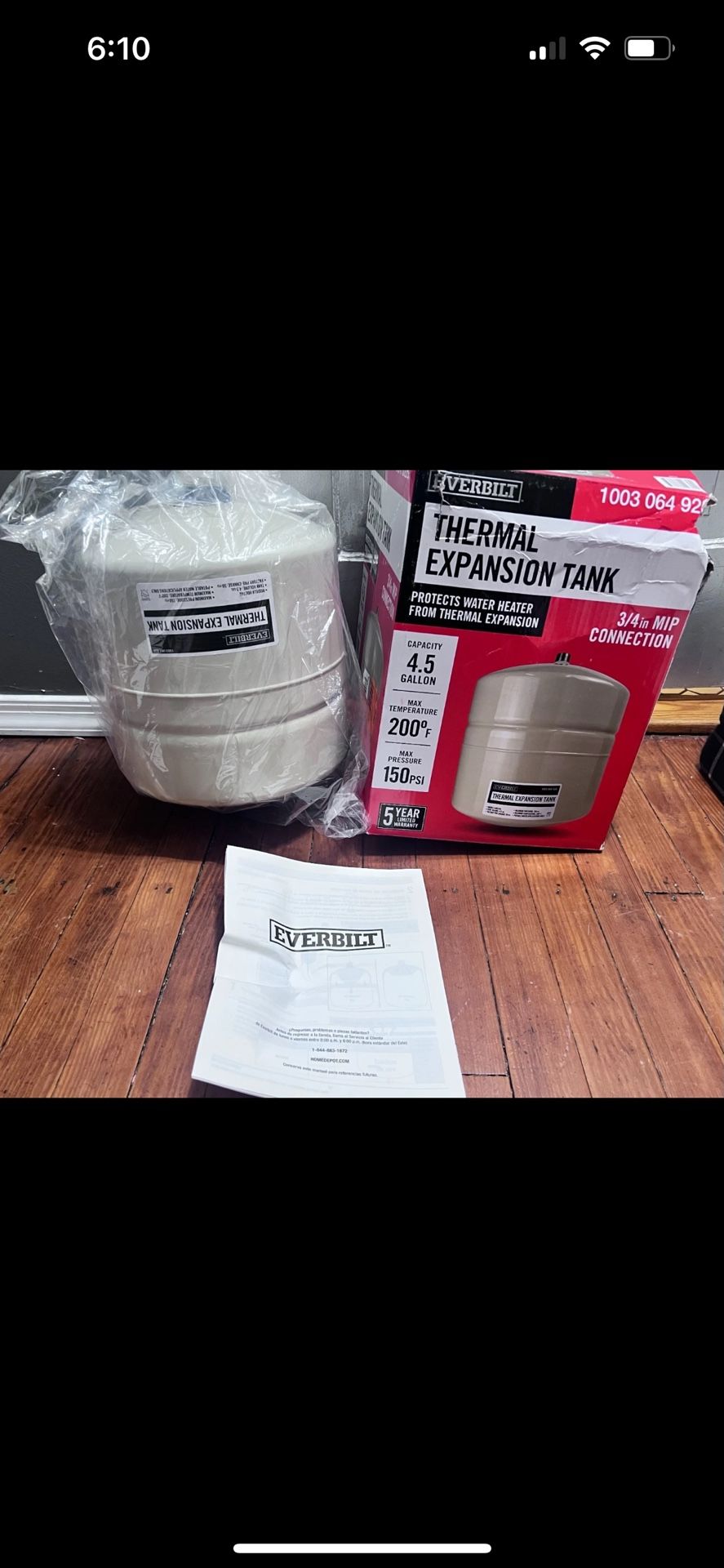 Everbilt 4.5 Gal Thermal Expansion Tank HDET4G (PLEASE READ)