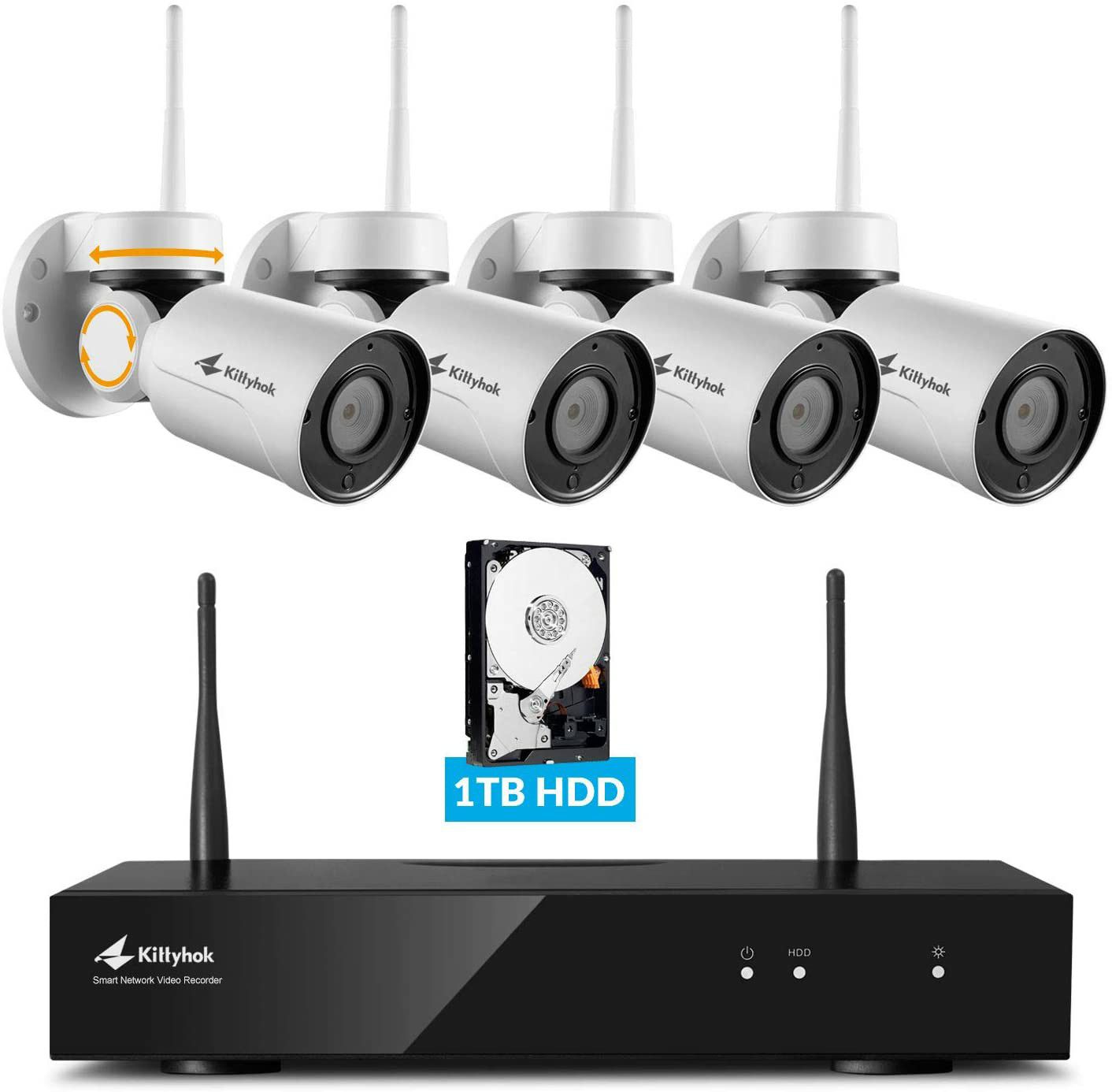 Pan Tilt Wireless Security Camera System with 1TB Hard Drive and Audio, Kittyhok 8CH 4pcs 1080p PTZ Wifi Camera Outdoor/Indoor,100ft Night Vision