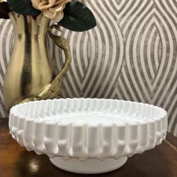 Vintage Fenton white milk glass hobnail and crimped pedestal bowl