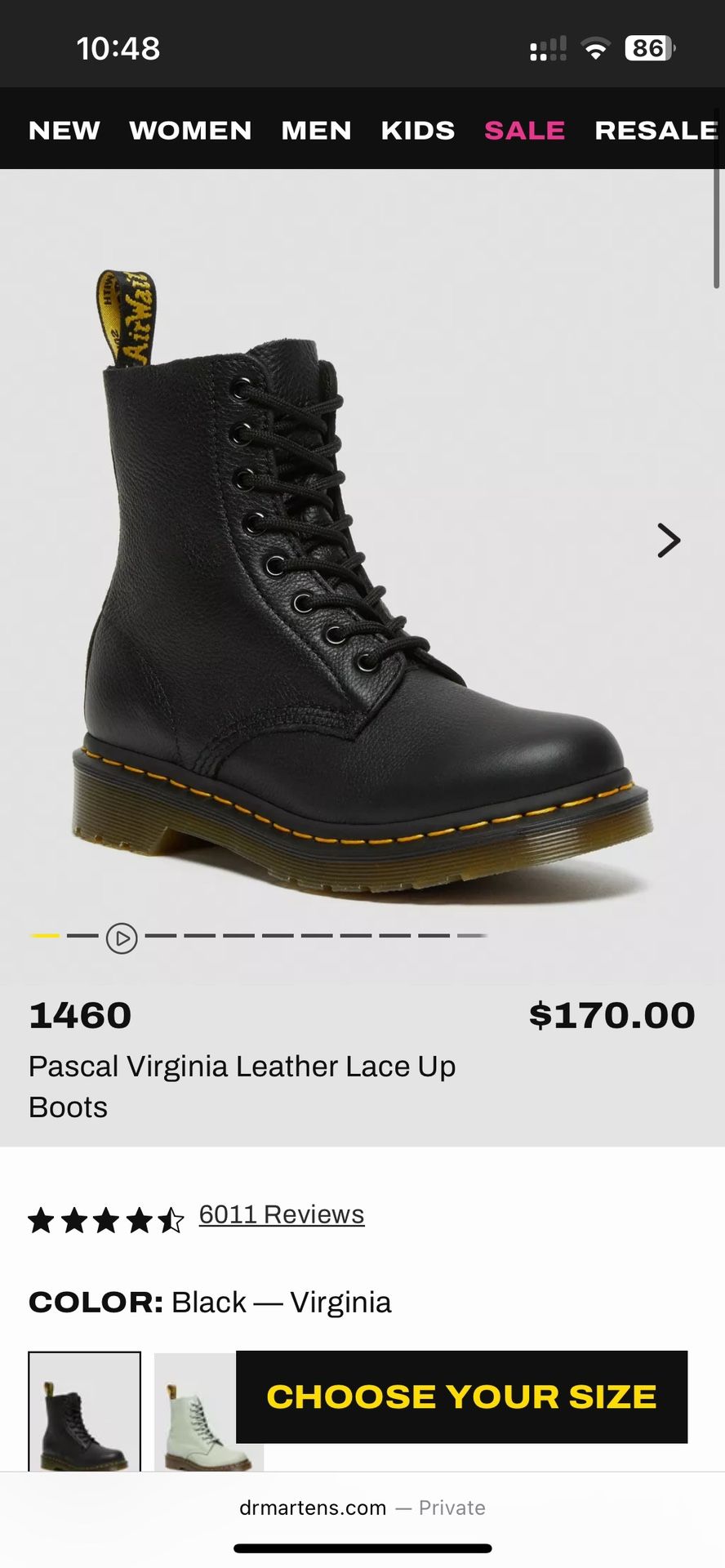 Dr. Martens 1460 Pascal Virginia Lace Up Boots Women US7