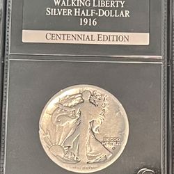 1916 P Walking Liberty Half Dollar 50c • First Year, Philadelphia Mint • .90 Fine Silver Coin • PCS Stamps & Coins Guaranteed Genuine Slab
