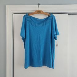 Women's Talbots Lattice Trim Tee Blue Cotton Short Sleeve 2X T-Shirt - BNWT