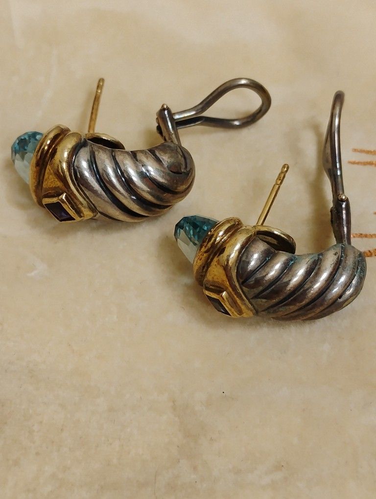 David Yurman Shrimp Renaissance Earrings Faceted Blue Topaz and Amethyst And Iolite Sterling 14k