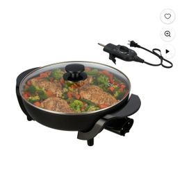 Mainstays Sartén Redonda de Cerámica de 12" con Tapa de Vidrio, Negra, Antiadherente, 1200W, Control de Temperatura Removible, Apta para Lavavajillas
