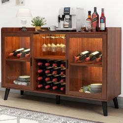 Wine Bar Cabinet with LED Light, Home Coffee Cabinet with Wine and Glass Holder, Kitchen Buffet with Storage Shelves, Freestanding Drinks Cabinet  