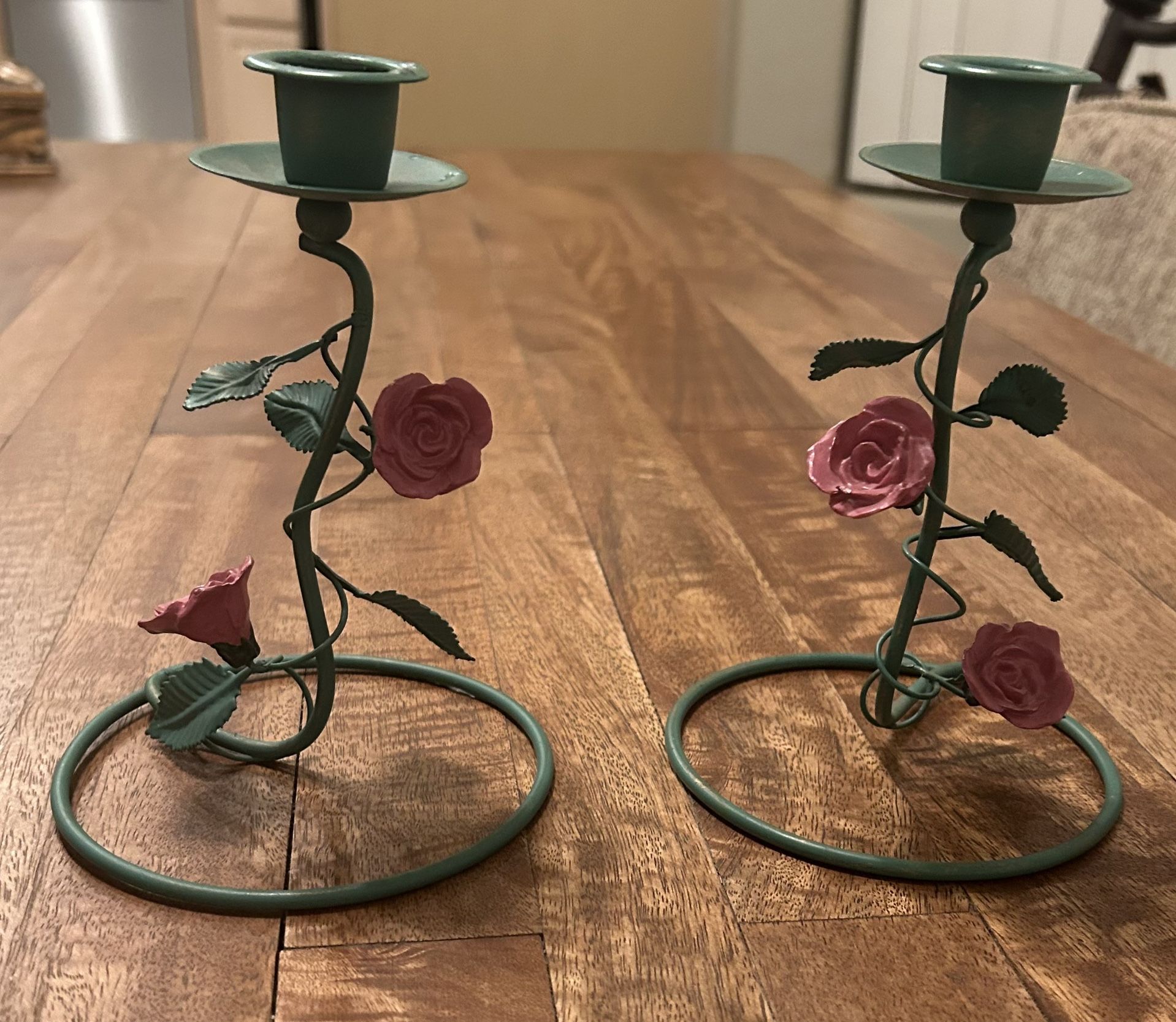 Vintage MCM Metal Floral Rose Candle Holders