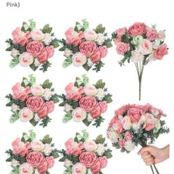 New 6Pcs Artificial Peony Slilk Florals Dusty Pink And Champagne Color 