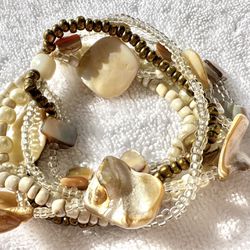 White and Brown Seashell Stretch Multi Layer Bracelet