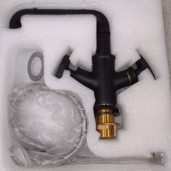 BRWH-B0972RCLH1   KunMai Industrial Pipe Bathroom Vessel Sink Faucet Matte Black, 1-Hole 2-Handle Solid Brass Bathroom Sink Faucet