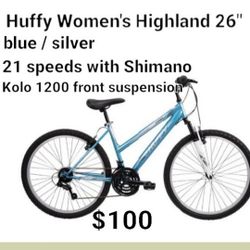 Brand New Huffy Women's Highland 26" Blue/ Silver / 21 Speed With Shimano Kollo/ 1200 Front Suspension 