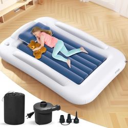Inflatable Toddler Travel Bed Portable Kids Air Mattress 60in Sea Blue