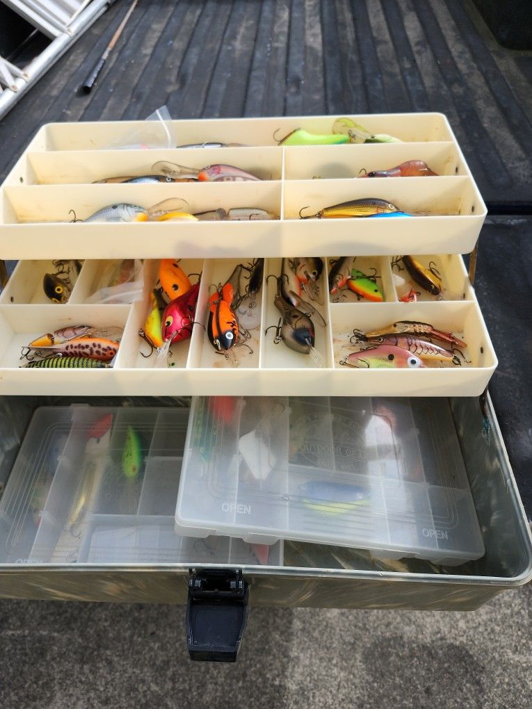 55 Plus Bass Fishing Lures In Vintage J.C. Higgins Tackle Box