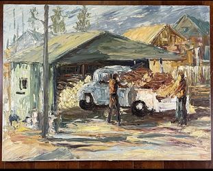 Vintage Paint on Canvas Farm Living Wood Gathering 24" x 18"