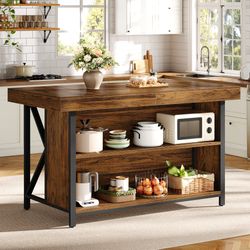 55" Kitchen Island with Storage, 3-Tier Stationary Island Table with Metal Frame