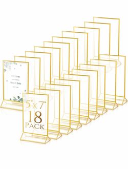 Hoteam 24 Pack Wedding Gold Frames Picture Acrylic Frame Bulk, 5 X 7 Inch Photo Double Sided Frames, Clear Table Number Holder with 2mm Gold Border, V