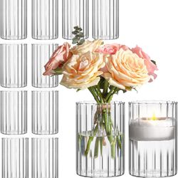 New Glass Cylinder Vases Pack of 12, Clear Ribbed Bud Vases for Centerpieces Weeding Decoration, 6 inch Tall Clear Flower Vases in Bulk, Hurricane Can