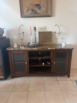 Wood TV Stand with Faux Marble Top