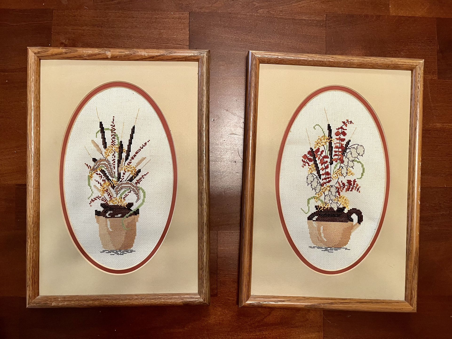 Vintage Matching Hand-Embroidered Wall Art – Framed Needlework Set (11x13 each)